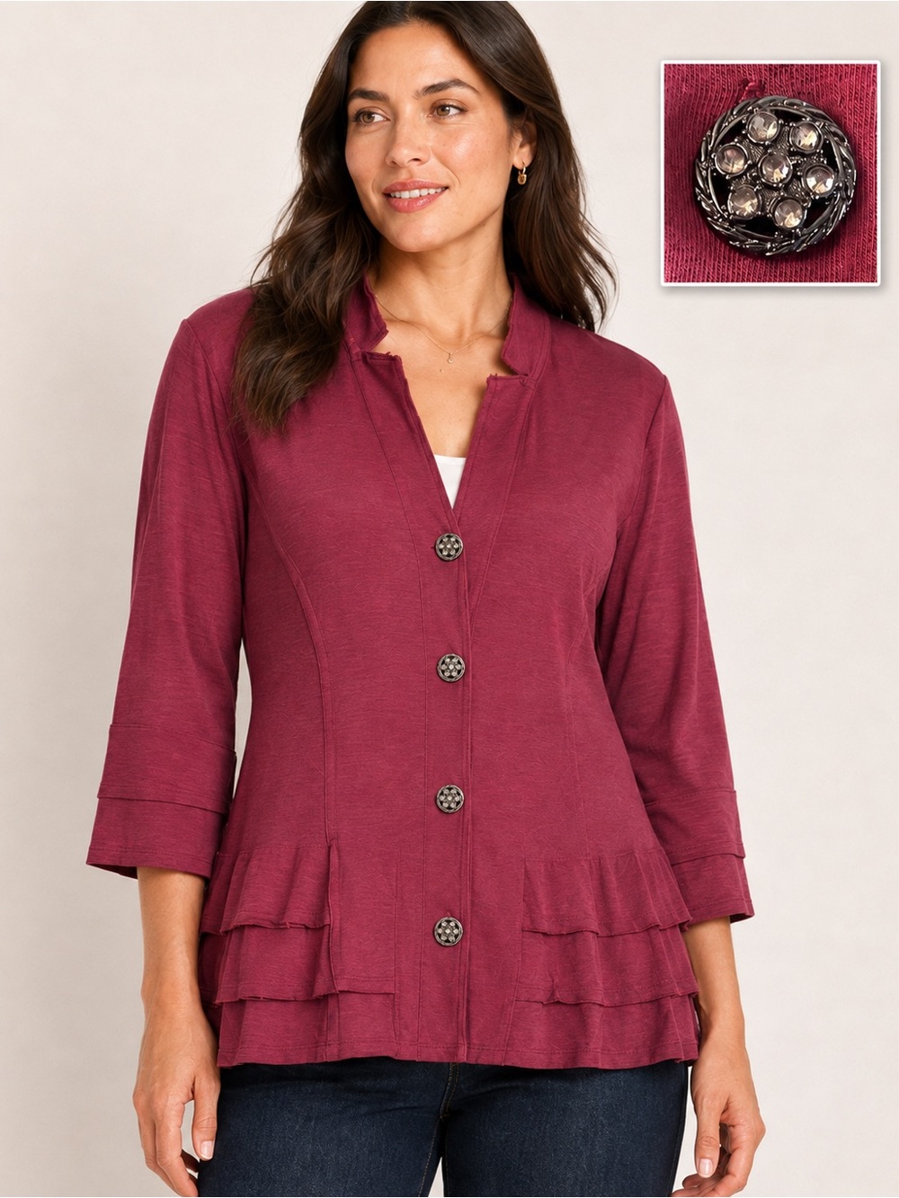 Neon Buddha Burgundy Cotton Ruffle Hem Button Jacket Women’s L